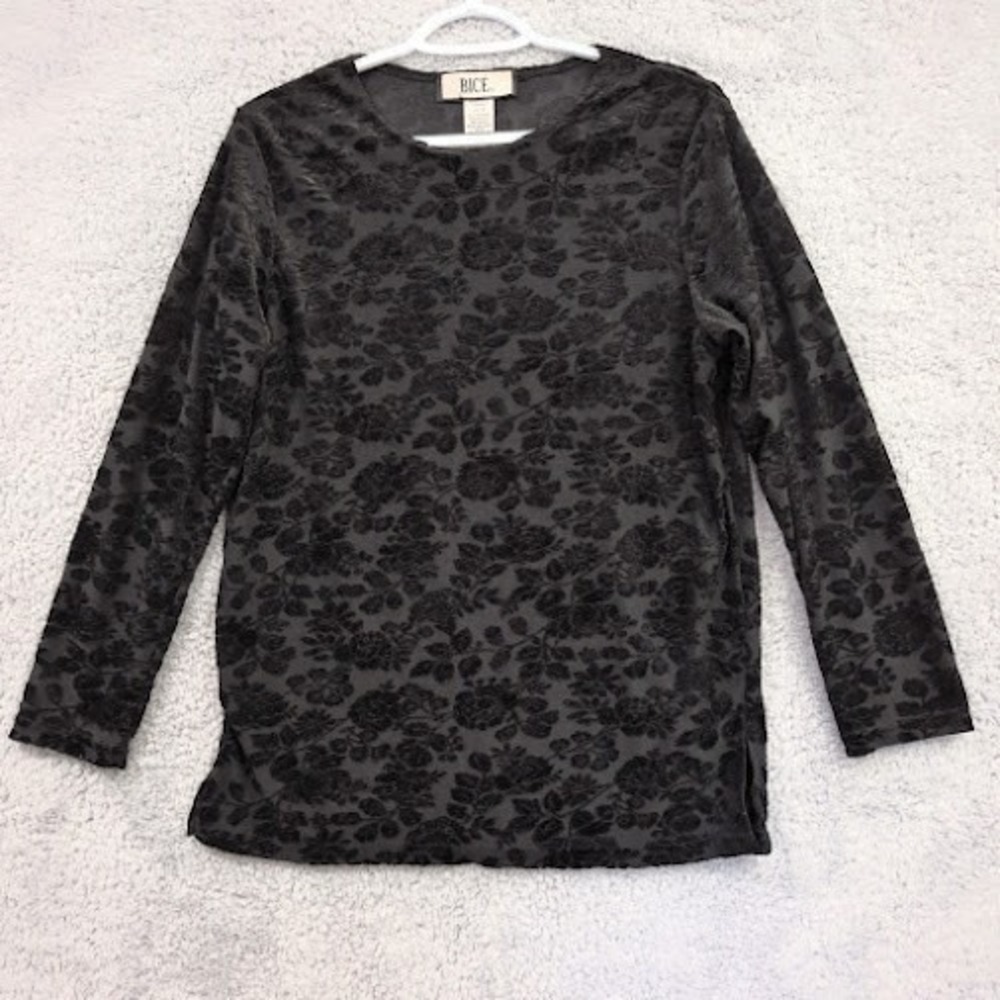 Vintage Bice Black Top Velvet Floral Burnout Small Made in USA Long Sleeve